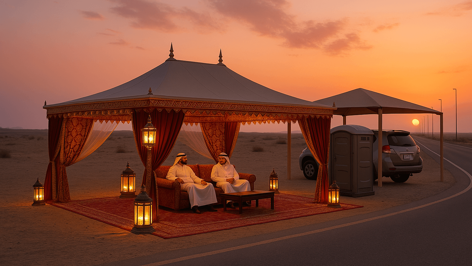 Elegant rest tents, shaded lounges, and portable
                    restrooms